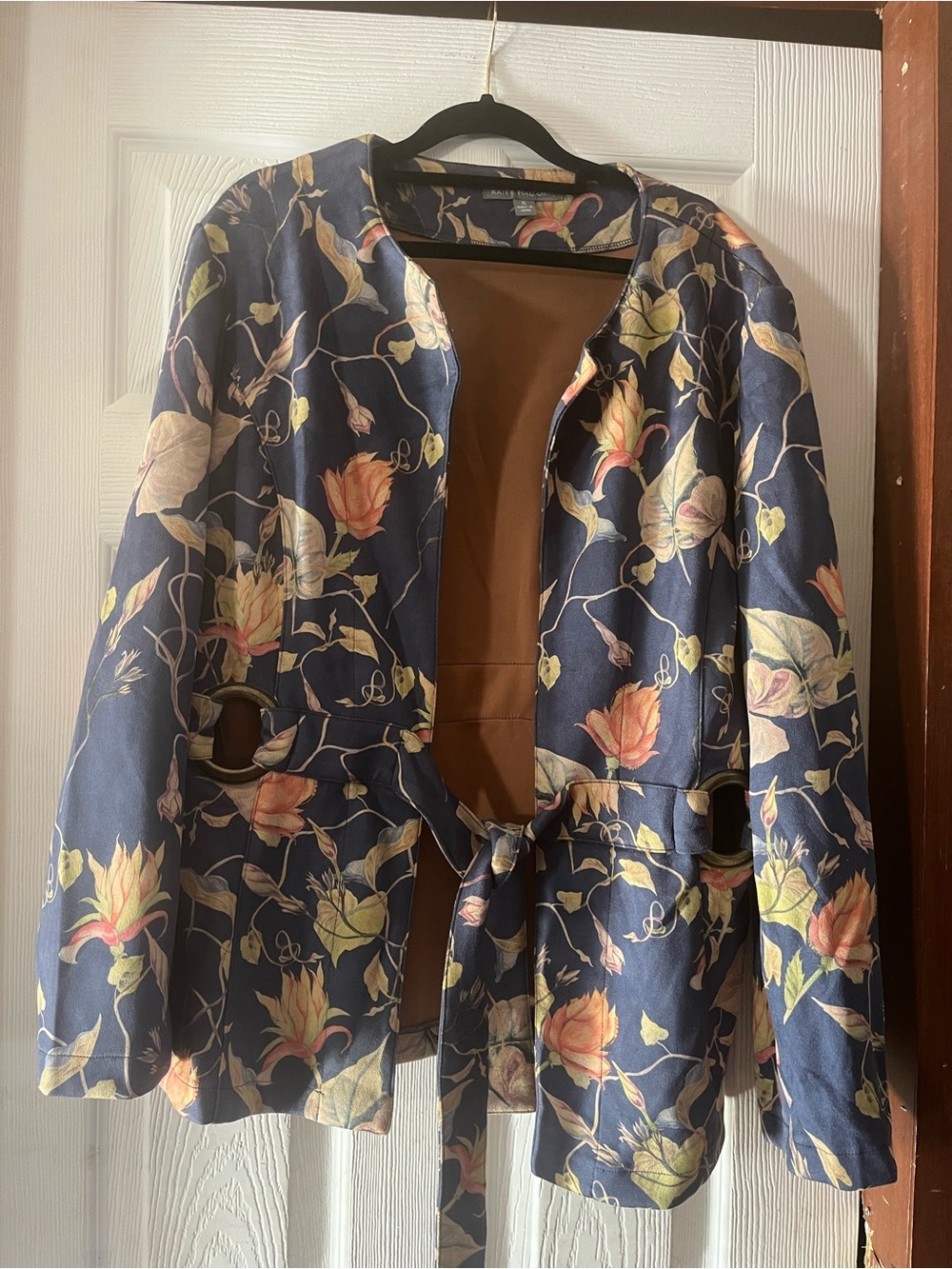 Kate & Mallory Blue Floral Faux Suede Belted Jacket Blazer Ring Detail XL